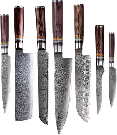 Shinrai Knives - Messenset - 7 delig - Koksmes - Japans Design - Mes - Micarta Jewels Damascus - Met Luxe Geschenkdoos - Keukenmessen