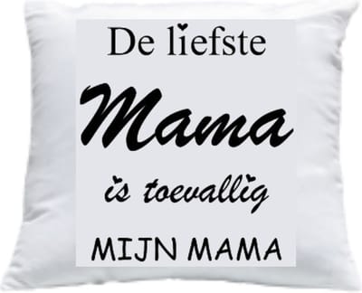 Kussen met vulling Kussenhoes met tekst "De liefste Mama is toevallig mijn mama" bedrukt Cadeau Kado | Wit Effen met Opdruk Zwart | 40x40 cm | Moederdag |