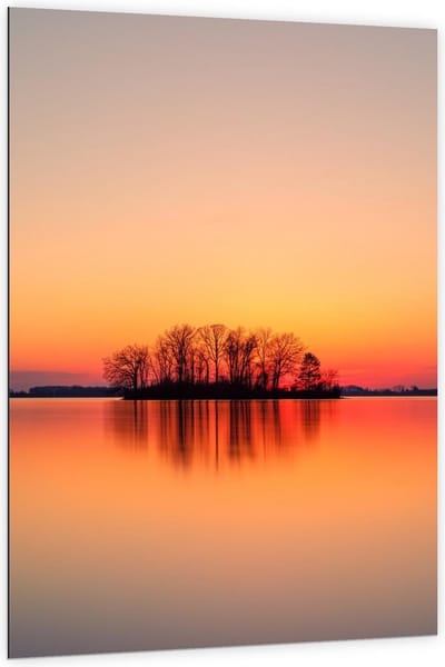 Dibond - silhouet Eilandje tijdens Zonsondergang - 100x150cm Foto op Aluminium (Wanddecoratie van metaal)