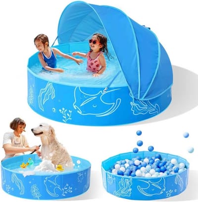 Opvouwbaar Kinderzwembad Met Zonnedak | 30 x 120 cm Blauw-Blauw | Zomer Water Speelbad Met Schaduw Bescherming | Voor Baby Peuter Kinderen en het Hele Gezin | Geen Pomp Nodig | Draagbaar Voor Tuin Strand Camping| Cyslmuk®