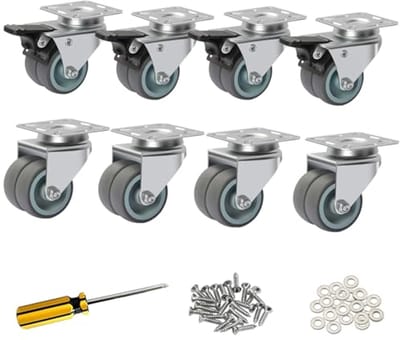 Dubbele Zwenkwielen 50 mm - 8 Stuks met Remmen voor Meubels - Harde Belasting tot 100 kg per Wiel - 360 Graden Rotatie