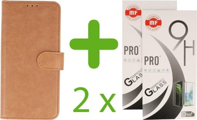 iPhoen 12 Hoesje - iPhone 12 Pro Hoesje - Portemonnee Telefoonhoesje + 2 x MF Gehard Tempered Glass - Kunstleer - Bruin