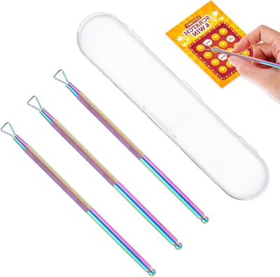 Allecto Plus - Krasgereedschap set met opbergdoos en 3 stuks roestvrij staal krashulp - voor kleurrijke etiketten en lottobonnen - accessoires voor stickers - handig formaat