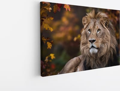 Saammp Canvas Schilderij - Leeuw tussen de herfst bladeren - Dieren - Natuur - 45x30 - Foto op canvas - Wanddecoratie - Muurdecoratie Woonkamer - Slaapkamer decoratie - Canvas Print
