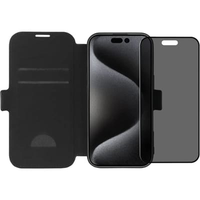 BlueBuilt Apple iPhone 16 Pro Book Case Leer Zwart + Privacy Filter Screenprotector Glas