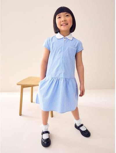 Next - Meisjes - Nette katoenrijke jurk met rits aan de voorkant en ruitjes - Blauw