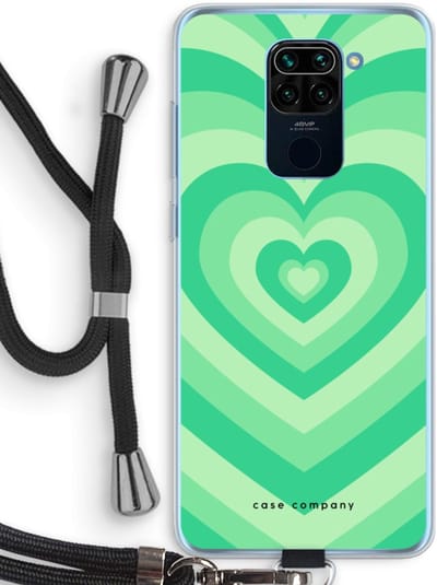 Case Company® - Hoesje met koord geschikt voor Xiaomi Redmi Note 9 hoesje met Koord - Hart Groen - Telefoonhoesje met Zwart Koord - Bescherming aan alle Kanten en Over de Schermrand