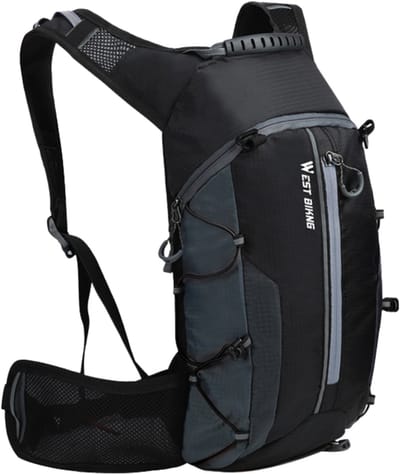CarryQuest® - 16L Opvouwbare Fietsrugzak - Waterafstotende Nylon Outdoor Rugzak met Ademend Rugpaneel, Borstband, Heuptas & Toploader - 44x26x9 cm - Zwart/Grijs