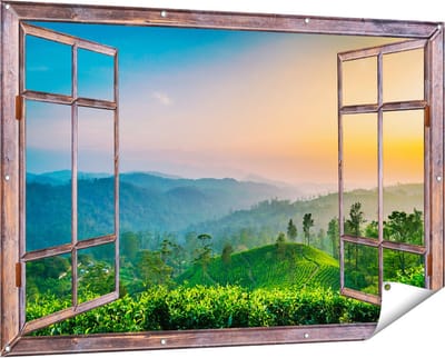 Gards Tuinposter Doorkijk Zonsondergang op een Thee Plantage - 150x100 cm - Tuindoek - Tuindecoratie - Wanddecoratie buiten - Tuinschilderij