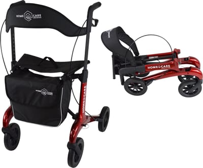 Homecare Ultra lichtgewicht Carbon Rollator - Slechts 5,8 kg - Dubbel opvouwbaar - met Reistas - tot 150 kg - Rood
