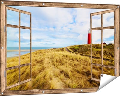 Gards Tuinposter Doorkijk Vuurtoren met Duinen in Texel - 120x80 cm - Tuindoek - Tuindecoratie - Wanddecoratie buiten - Tuinschilderij