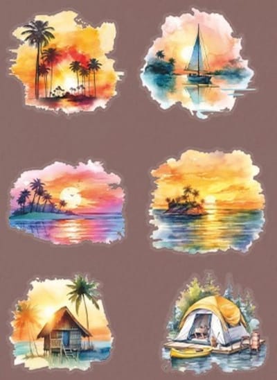 Stickerset Seenery Faraway - Tropische zonsondergang - Sticker vakantie - Stickers Tropisch Eiland - Scrapbooking - Bullet Journal