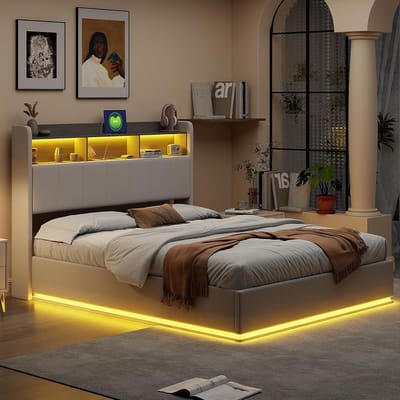 Tweepersoons Bed 160x200 cm met LED-Verlichting en USB-Poort, Gestoffeerd Slaapbank met Opbergruimte