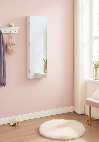 Sieradenkast met LED Verlichting – Wandkast met Grote Spiegeldeur, Sieraden Organizer met Verlichting voor Kettingen, Oorbellen, Ringen en Make-up – Volledige Spiegel in Witte Afwerking