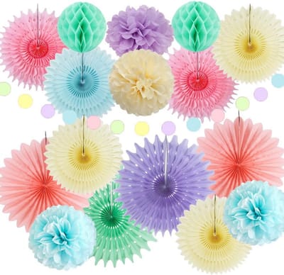Solidchoice - Pastel Feestdecoraties - Regenboog Papieren V Fans en Pompoms