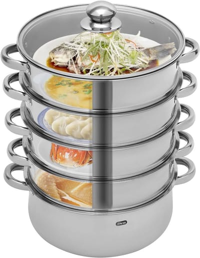 Stoompan - Stoommandje - Stoofpan met Deksel - 3 Laags - Zilver met Zwart - Pannen