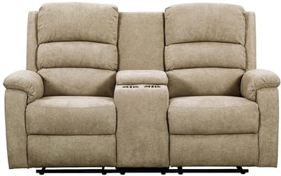 Vente-unique Elektrische relax-tweezitsbank van taupe stof met plankje NEVERS