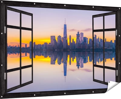 Gards Tuinposter Doorkijk New York Skyline bij Zonsopgang - 180x120 cm - Tuindoek - Tuindecoratie - Wanddecoratie buiten - Tuinschilderij