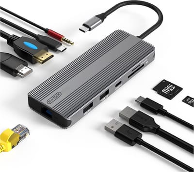 M-TECK Portable USB-C Docking Station Hub met 2 x HDMI - 2 x USB 3.0 - 2 - USB-C - Ethernet - Kaartlezer - 3.5mm audio - Geschikt voor Laptop