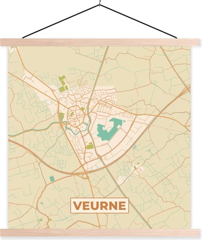 Posterhanger incl. Poster 40x40 cm - Schoolplaat - Plattegrond - Kaart - Stadskaart - België - Veurne - Textielposter - Blanke latten - Stadskaart