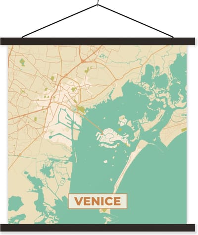 Posterhanger incl. Poster 60x60 cm - Schoolplaat - Venetië - Stadskaart - Kaart - Plattegrond - Vintage - Textielposter - Zwarte latten - Stadskaart