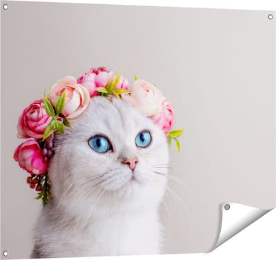 Gards Tuinposter Kat met een Bloemen Kroon - 100x80 cm - Tuindoek - Tuindecoratie - Wanddecoratie buiten - Tuinschilderij