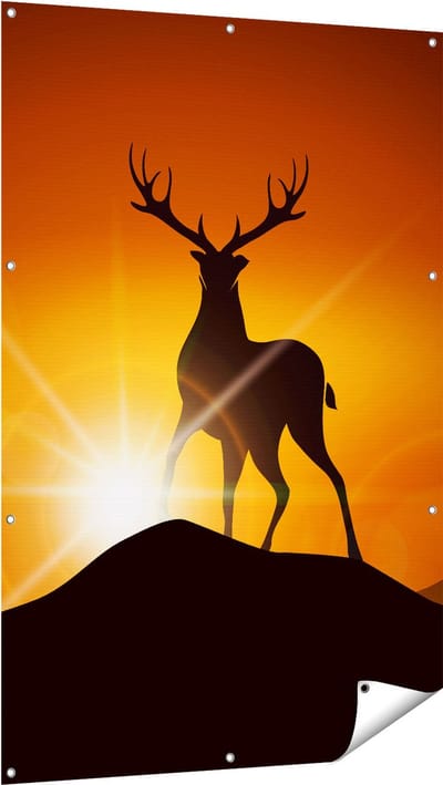 Gards Tuinposter Hert op een Berg - Abstract - Silhouet - 100x150 cm - Tuindoek - Tuindecoratie - Wanddecoratie buiten - Tuinschilderij