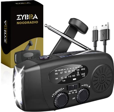 Zybra® Draagbare Noodradio - Powerbank 2000 mAh - Zaklamp - Solar opwindbaar - SOS alarm - USB-C kabel - Noodpakket - Kunststof - Zwart