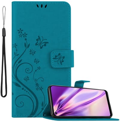 Cadorabo Hoesje geschikt voor Huawei P40 LITE E in BLOEMEN BLAUW - Beschermhoes in bloemmotief met magnetische sluiting, standfunctie en kaartsleuven Book Case Cover Etui