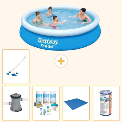 Bestway Rond Opblaasbaar Fast Set Zwembad - 366 x 76 cm - Blauw - Inclusief Pomp - Onderhoudspakket - Grondzeil - Filter - Stofzuiger - 6-delig