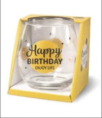 Wijnglas - Waterglas - Happy birthday enjoy life - In cadeauverpakking met gekleurd lint