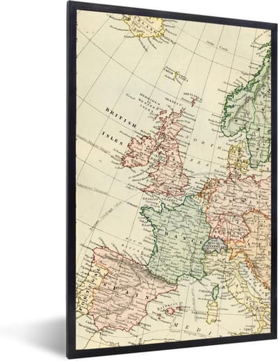 Poster in lijst - Fotolijst 60x90 cm - Posters - Wereldkaart - Vintage - Europa - Posterlijst zwart - Decoratie - Wanddecoratie woonkamer - Muurdecoratie slaapkamer
