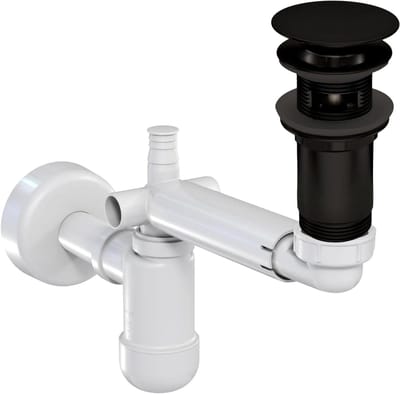 Afvoergarnituur voor wastafel met en zonder overloop + telescopische sifon voor ruimtebesparende wastafel, Click-Clack-ventiel met extra grote diameter van 68 mm, pop-up afvoerventiel, zwart + sifon