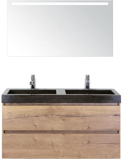 Maxx XL Badmeubelset 120 cm - Natuur Eiken - Wastafel Lucca Dubbel 2 Kraangaten met LED Spiegel