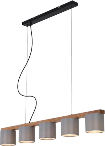 Briloner Leuchten WOOD & STYLE - hanglamp - 5-lichts - E14 max. 25W - lampenkap: grijs - Materiaal: Metaal-hout en stof
