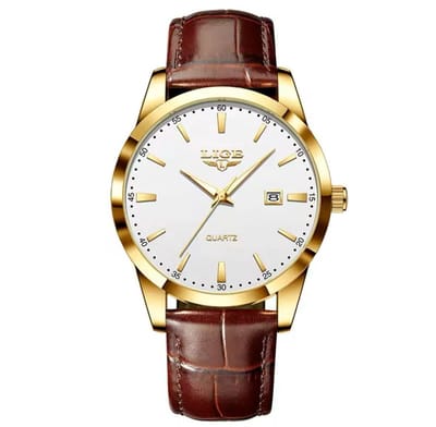 Lige - Herenhorloge - Polshorloge - Heren - Horloge - Horlogedoos - Mannen - Goud Wit - Bruin Lederen Band