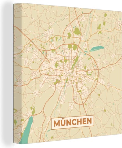 Canvas Schilderij Kaart - München - Stadskaart - Plattegrond - Vintage - 20x20 cm - Wanddecoratie