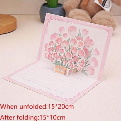Carte de vœux 3D pop-up avec bouquet - Fête des Pères, Saint-Valentin, Fête des Mères (8 mars), Fête nationale - Idée cadeau créative rose clair
