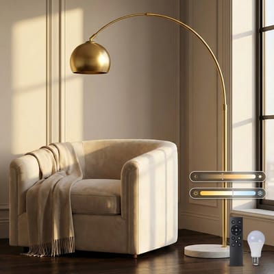 Rosnek Luxe Booglamp - Woonkamer Staande Lamp - Dimbare LED Vloerlamp - Afstandsbediening - Verstelbare Hoogte 150-175 cm - 360° Draaibare Lampenkap - Marmeren Voet - Leeslamp voor Slaapkamer en Kantoor - Goud