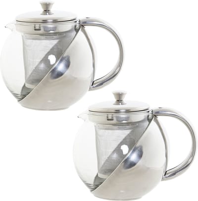 Set van 2x stuks theepotten van glas en RVS 600 ml met filter/infuser en handvat