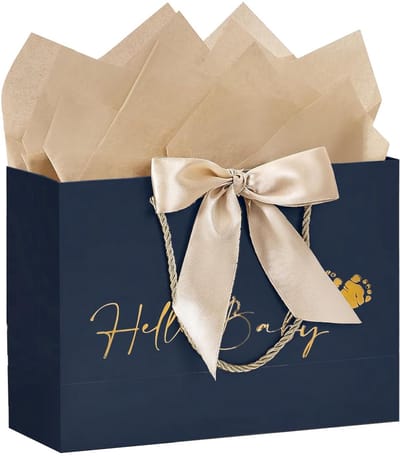 Dailygoods- Geschenktasje luxe - Marineblauw met gouden letters - 6 stuks - 13 x 18 cm - Satijnen strik - Perfect voor babyfeestjes - Cadeautas