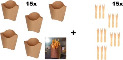 15x BIO Amerikaans Frietbakje Nature kraft + 15x houten vorkje - Patat friet frites bakje snack bak saus take away