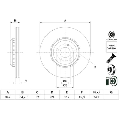 Remschijf BOSCH 0 986 479 G35 voorkant, geventileerd, sterk gecarboniseerd, 1 Stuk