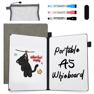 AGM Uitwisbaar notitieboek - Whiteboard notitieblok - A5 - Incl. 3 Pen en 1 Etui - Grijs-PU