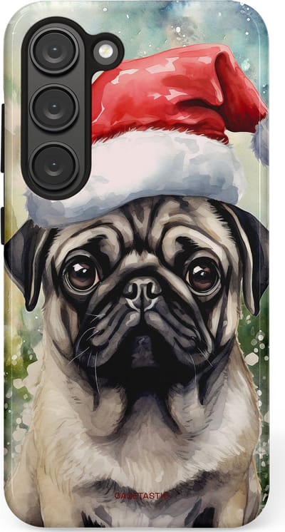 Casetastic hoesje geschikt voor Samsung Galaxy S23 - Dubbellaagse bescherming - Aquarel Kerstmis Pug Hond - Fashion Case - Grijs Taupe Donkergrijs Saliegroen