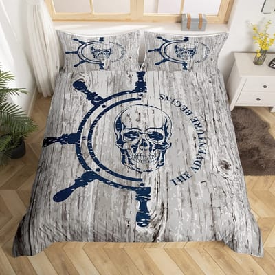 Nautische Dekbedovertrek Set Boot Piraat Beddengoed Set King Size Retro Zeilboot Bruin Dekbedovertrek Anker Kompas Vintage Quilt Set EU single(135x200cm)