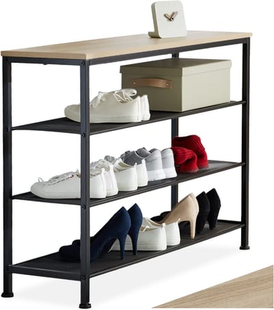 tectake® Smalle Schoenenkast met Opbergruimte – Hout & Metaal, Industriële Stijl, 4 Niveaus, 3 Roosterplanken, 100x30,5x72,5 cm – Licht Sonoma Eiken