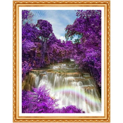 Diamant schilderij Kruissteek Kraalpatroon Borduurwerk Landschap Waterval Handgemaakt Paarse Boom 20X30CM blue