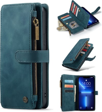 Casemania Hoesje Geschikt voor Apple iPhone 13 - Emerald Green - Luxe Portemonnee Book Case met Rits