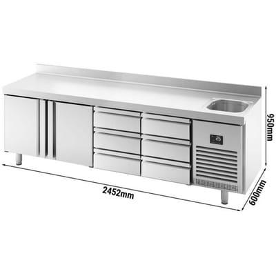 GGM Gastro Kühltisch Premium PLUS - 2452x600mm - mit 1 Becken, 2 Türen, 6 Schubladen - Aufkantung